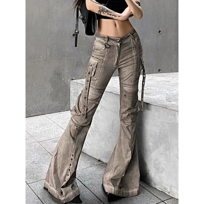 American Style Brown Workwear Jeans Women's Streetwear Slim Fit Micro Flared Slimming Pocket Trousers For Women