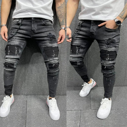 Black 90% Cotton Men Retro Wash Distressed Stretch Ripped Jeans Tight Hole PATCH Denim Pantalones Printing Zipper Joggers