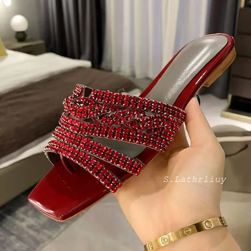 Summer Shiny Rhinestone Decor Flat Slippers Women's Square Toe Hallow Outs Casual Sandals Outdoor Vacation Beach Shoes 2025