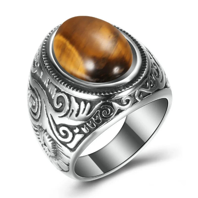 HNSP 316L Stainless Steel Natural Stone Ring For Men Vintage Jewelry Tiger Eyes Stone Rings Male Finger Accessory