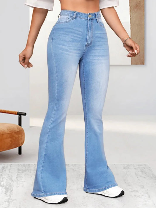 Light blue fashionable stretch jeans flared pants