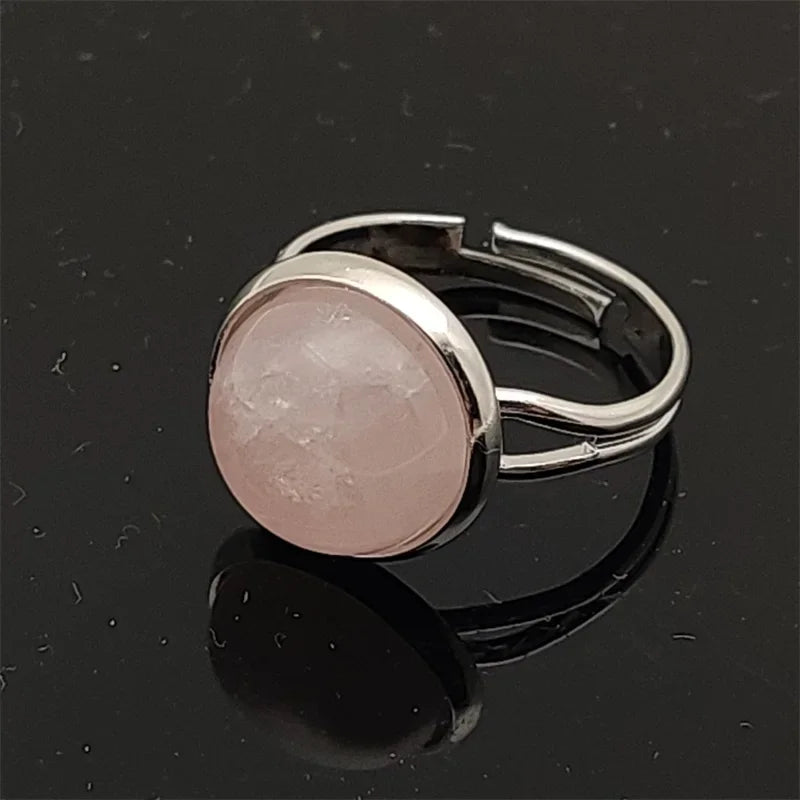 12mm Round Healing Natural Stone Ring Tiger Eye Opal Pink Crystal Adjustable Joint Ring for Women Jewelry