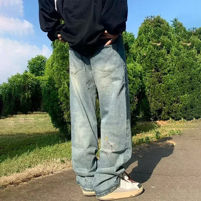 2024 New Men's Graffiti Embroidered Baggy Jeans Retro Straight-leg Denim Trousers High Street Distressed Y2K Jean pantalones