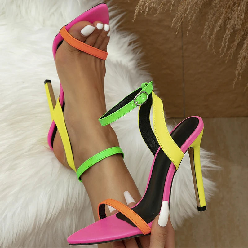 Liyke Mixed Colors Women Sexy  Stiletto Sandals Cozy Leather Pointed Toe Buckle Strap High Heels Summer Party Prom Shoes Size 42