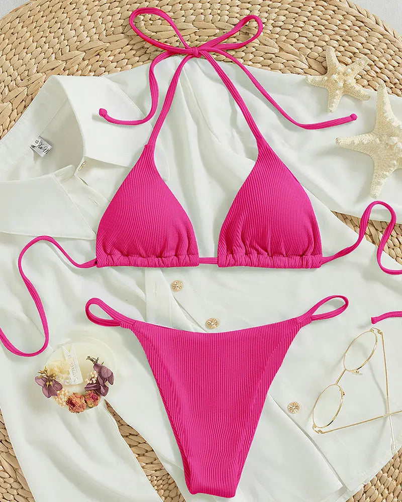 Special Pit Stripe Fabric Bikini Set Women Sexy Simple Solid Halter Bikini Swimsuit High Waisted Lace Up Beach Bathing Suit