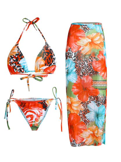 New Flower Print Bikini Set Women's High Waist Long Skirt 3 Piece Swimsuit Sexy Mini Triangle Backless Thong Bathing Suit
