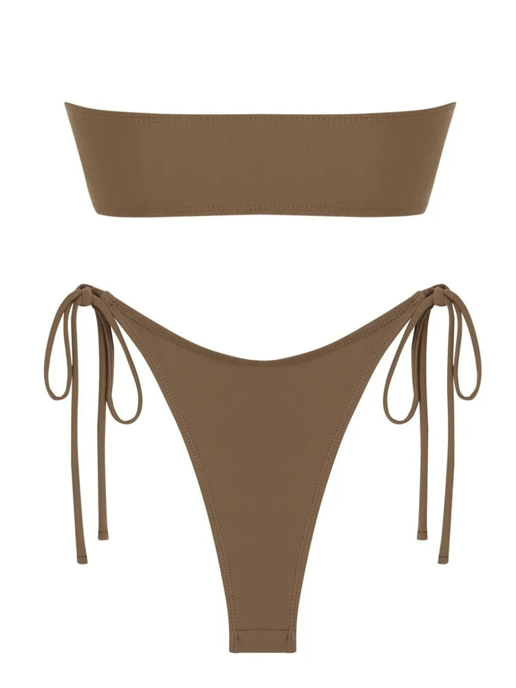 Solid O Ring  New Swimsuit For Women Tie Side Shiny Metal Hardware Ring Bandeau Bikini Swimwear Padded Bra Top Low Waisted