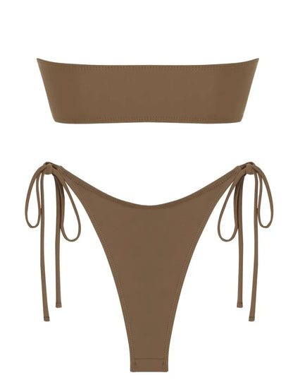 Solid O Ring  New Swimsuit For Women Tie Side Shiny Metal Hardware Ring Bandeau Bikini Swimwear Padded Bra Top Low Waisted