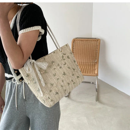 Summer Women Straw Woven Shoulder Bag Straw Bag Flower Embroidery Lace Beach Handbags Casual Ladies Large Capacity Totes Pouch