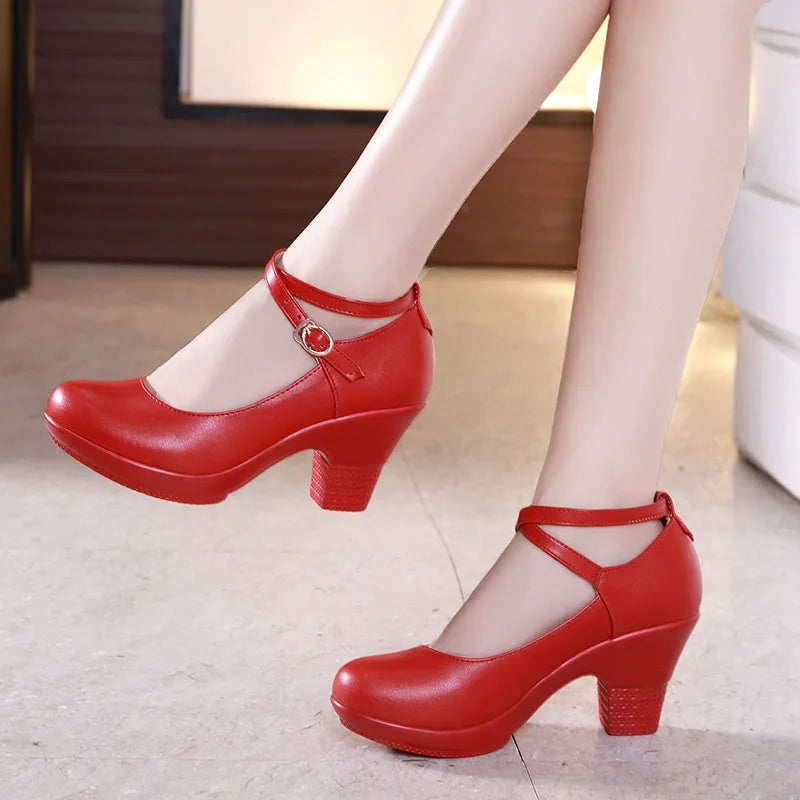 7cm Small Size 32-43 Gladiator Pumps Women Genuine Leather Shoes 2025 Med Block Heels Platform Shoes for Office Model Dance Mom