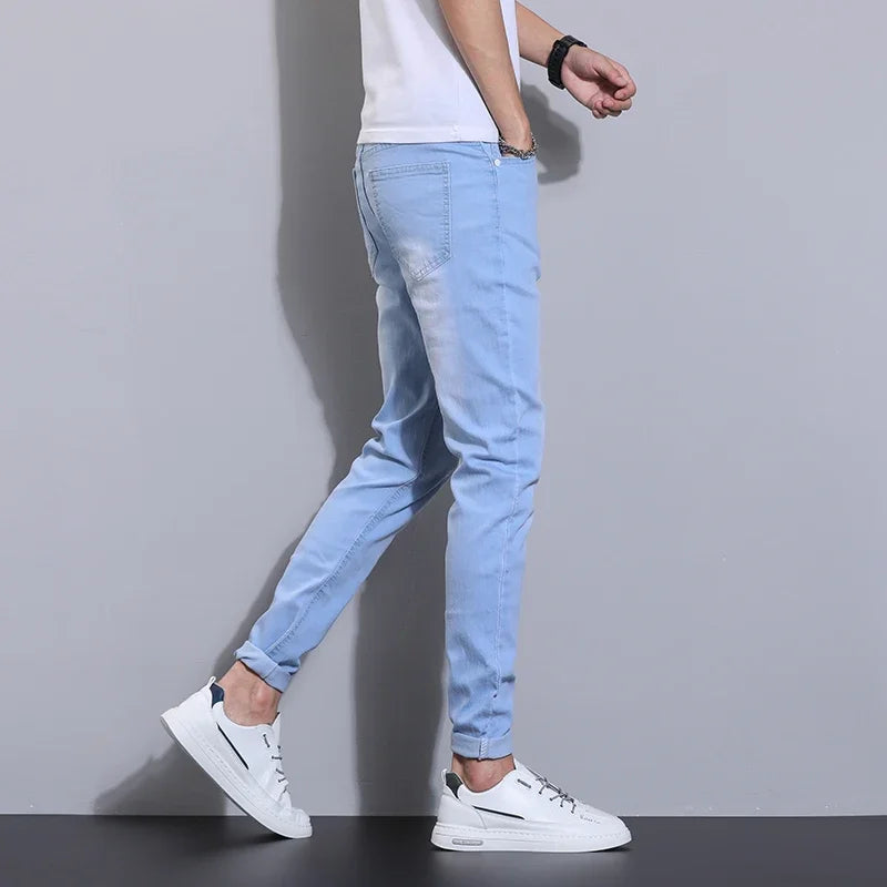 2025 Spring Summer Classic Fashion Men's Sky Blue Denim Pants Slim Men's Straight  Male Brand Clothing Stretch Denim TrouseS