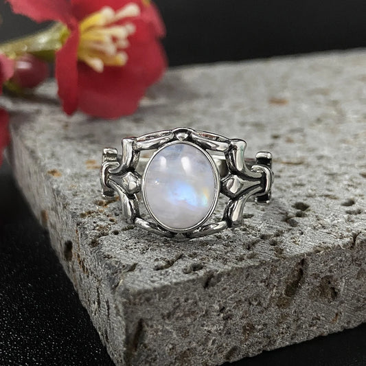 S925 Sterling Sliver Women's Ring with Natural Black Agate Moonstone Stone Hollowed-out 925 Sliver Fine Jewerly Rings for  Women