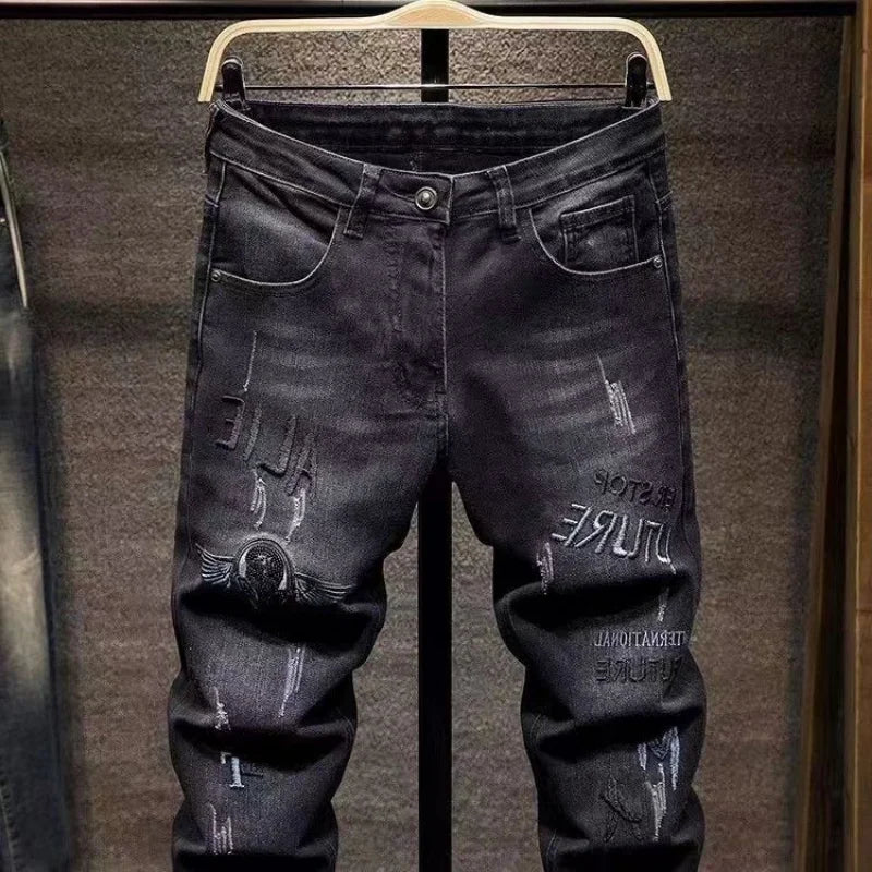 Spring Cargo Long Korean Fashion Men Black Denim New Straight Cargos Stylish Conical Boyfriend Embroidery Slim Pencil Pants