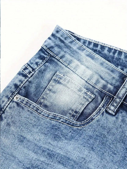 1pc Men's Slim-Fit Snowflake Washed Jeans - Mid-Stretch Denim, Machine Washable, All-Season Comfort, Minimalist Casual Style for