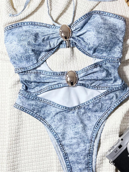 Sexy Hollow Out Twist Bikini Denim Print Halter String Bandeau Swimsuit High Cut Swimwear Women Trend Bathing Suit Beach Biquini
