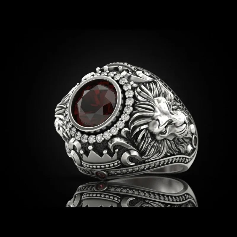 Fashion Gold Silver Color Men Rings Round Crown Lion Green White Stone Rings Jewelry Party Gift