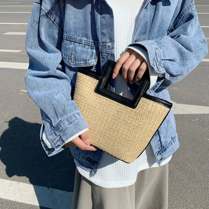 Women Casual Travel Handbag PU Leather Simple Straw Bag Large Capacity Versatile Weaving Bag Female Leisure Bag