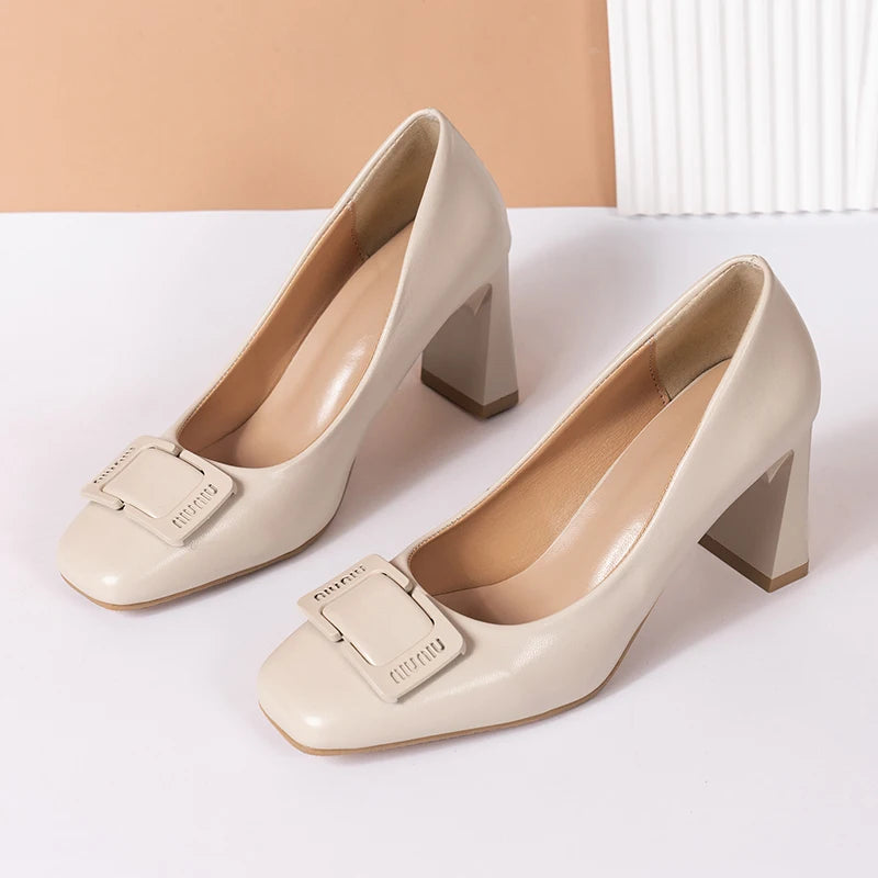 Spring new square head thick heels women's shallow mouth buckle single shoes professional shoes high heels