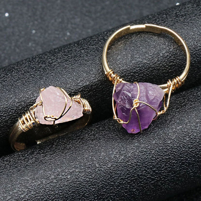 10-20mm Amethyst Rose Quartz Fluorite Natural Stone Irregular Gem Mineral Ring Jewelry Adjustable Hand Woven Ring
