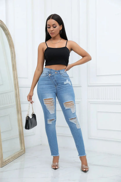 2024 New High Waist Diagonal Button Design Ripped Jeans For Women Fashion Stretch Slim Denim Pencil Pants Skinny Trousers XS-2XL