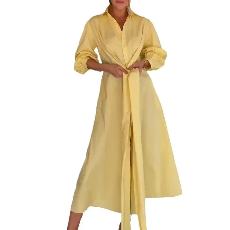 Summer New Women's Casual Long Sleeve Pure Color Slimming Dress Shirt Empire Waist Ankle Length Polo Collar Cross-Border Fashion