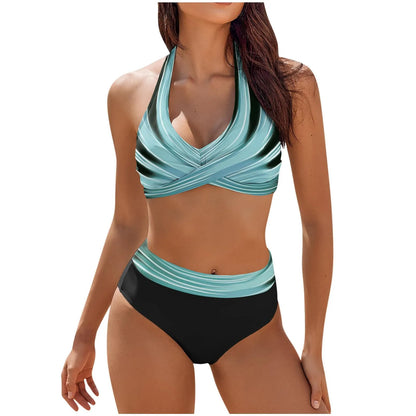 bikini Beach Colour Block Floral Printed Women's Swimsuit High Waist Two Piece For Teenagers biquinis feminino tendência 2024