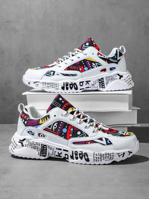 Men's Fashionable and Trendy Random Graffiti Contrasting Letter Stickers Dad Shoes, Comfortable Daily Versatile Casual Couple Sneakers