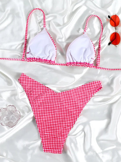 Push Up Bikini Set Bow Swimwear Women Plaid Bikinis String Beachwear Two Piece Suit Biquini Bandage Bathing Suit