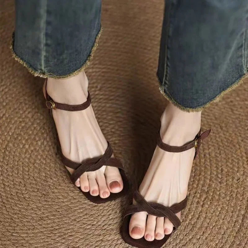 High-quality coffee-colored narrow-band designed slim-fitting sandals, large-sized summer fashionable open-toe high heels