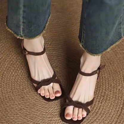 High-quality coffee-colored narrow-band designed slim-fitting sandals, large-sized summer fashionable open-toe high heels