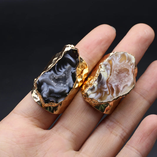 4PCS Wholesale Irregular Raw Embryo Agate Ring Geode Stone Adjustable Gold Plated Open Wide Gemstone Finger Handmade Jewelry
