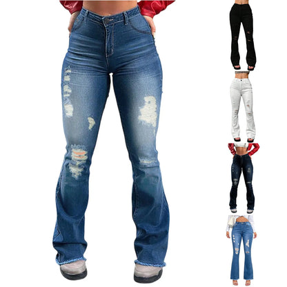 2025 New Spring Women's Ripped Jeans Cotton Slim High Waist Solid Color Sexy Denim Pants Fashion Street Flared Pants