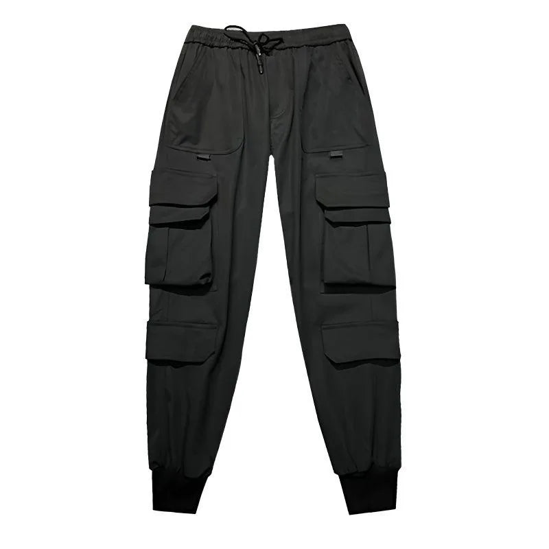 ARENS Multi Pockets Solid Color Casual Cargo Pants Mid-Rise Elastic Waistband Drawstring Shrinkable Cuffs Men Sweatpants