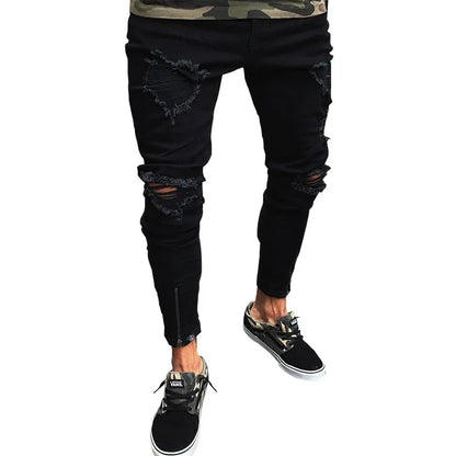 Punk Street Style Ripped Skinny Jeans Men Vintage Wash Solid Denim Trouser Mens Casual Slim Fit Pencil Denim Holes Pants 2025