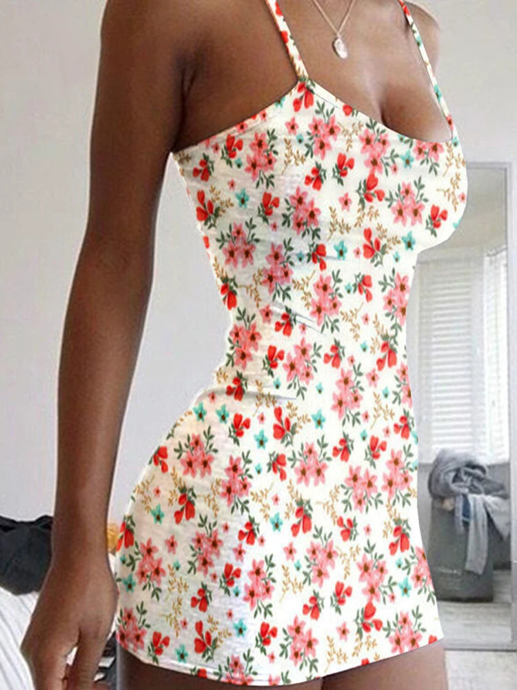 Plus Size Dresses Summer New Print Backless Slip Dress Women's Sexy Slim Floral Dress Mini Dresses Package Buttocks Short Skirt