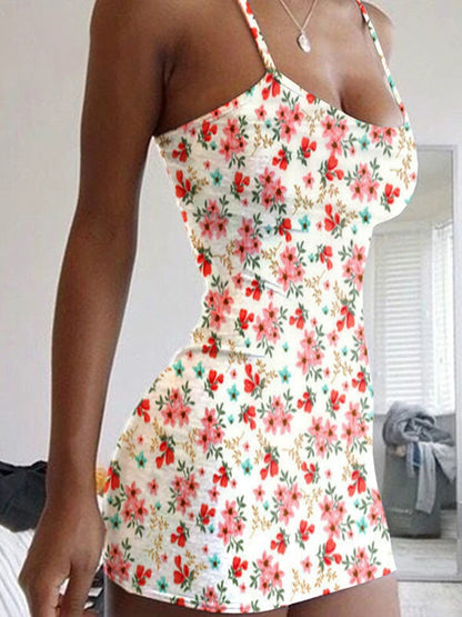 Plus Size Dresses Summer New Print Backless Slip Dress Women's Sexy Slim Floral Dress Mini Dresses Package Buttocks Short Skirt