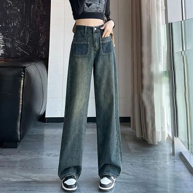 American Style High-waisted Wide-leg Jeans Grey Concrete Pocket Design Unique Straight-leg Pants For Women Petite Drag Trousers