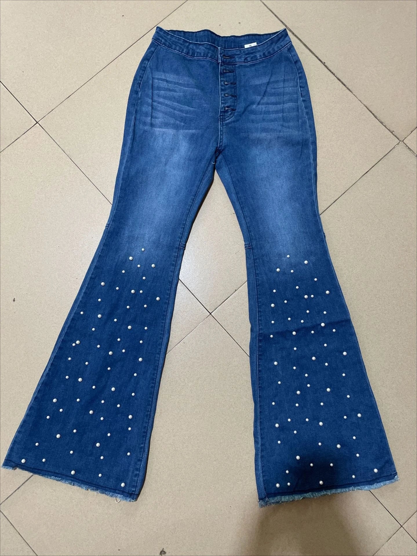 New Stretch Jeans Casual Beaded Flares High-waisted Street Hipster Trousers