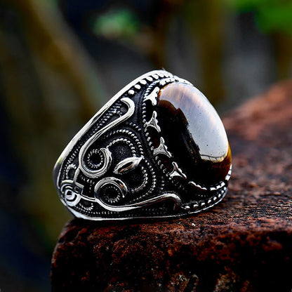 Vintage Stainless Steel Oval Brown Stone Ring For Men Punk Rock Fashion Carved Rings Natural Stone Jewelry Gift Dropshipping