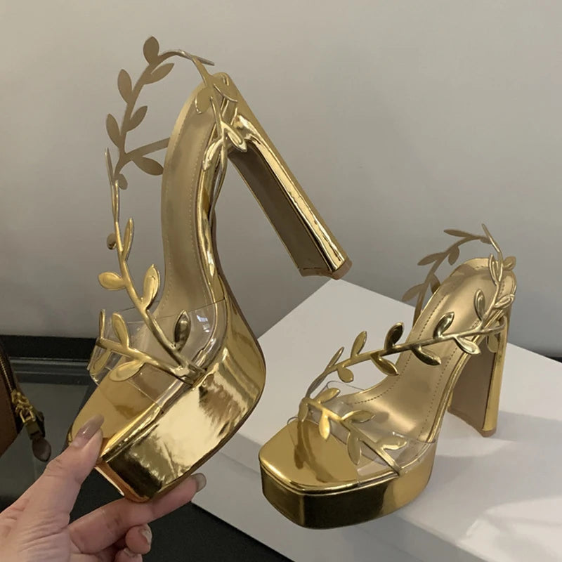 Liyke Summer Fashion Patent Leather Gold Leaf Women Sandals Elegant Square Toe Platform High Heels Wedding Banquet Shoes Size 42