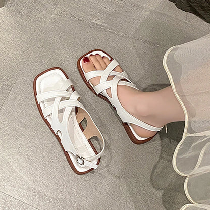 Smile Women Sandals Roman Retro Woven Fashion Sandals Spring New Rubber Low Heel Square Toe Beach Sandals Korean Version Sandals