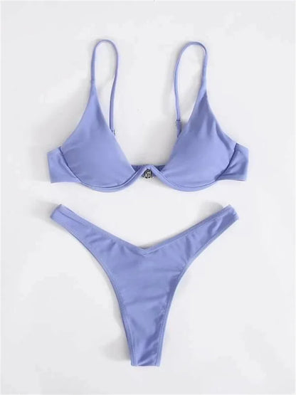 Sexy Underwire Bikini  Women Solid Red Push Up Bra Thong Swimsuit Haler V Neck Bathing Suit Mini Micro Thong Swimwear