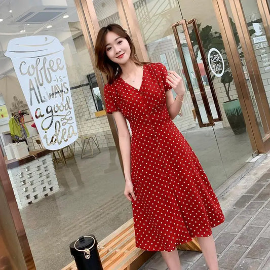 Chiffon Wrap Women Dresses Midi Loose Korean Party Short Summer Light Dress Floral Tunics Fashion Vintage Red Polka Dots Casual