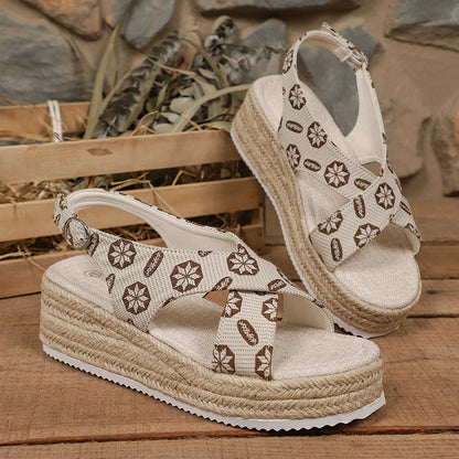 Cross Strap Espadrille Platform Sandals for Women Bohemian Floral Print Wedge Sandals Woman Summer Thick Sole Casual Beach Shoes