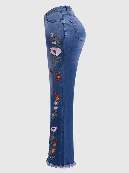 Elastic Embroidered Elegant Temperament Flared Jeans.Women's Four Seasons New Fashion Comfortable Slim-fit Mid-waist Jeans Women