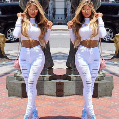 Europe and The United States Personality Big Hole Jeans, Women Spring and Summer Fashion Elastic Small Feet Jeans, Beggar Pants