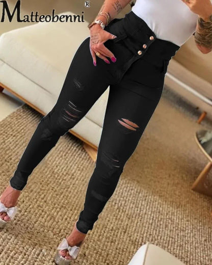 Autumn New Broken Holes High Waist Jeans Women Fashion Casual Denim Trousers Female Button Splicing Slim Fit Skinny Pencil Pants