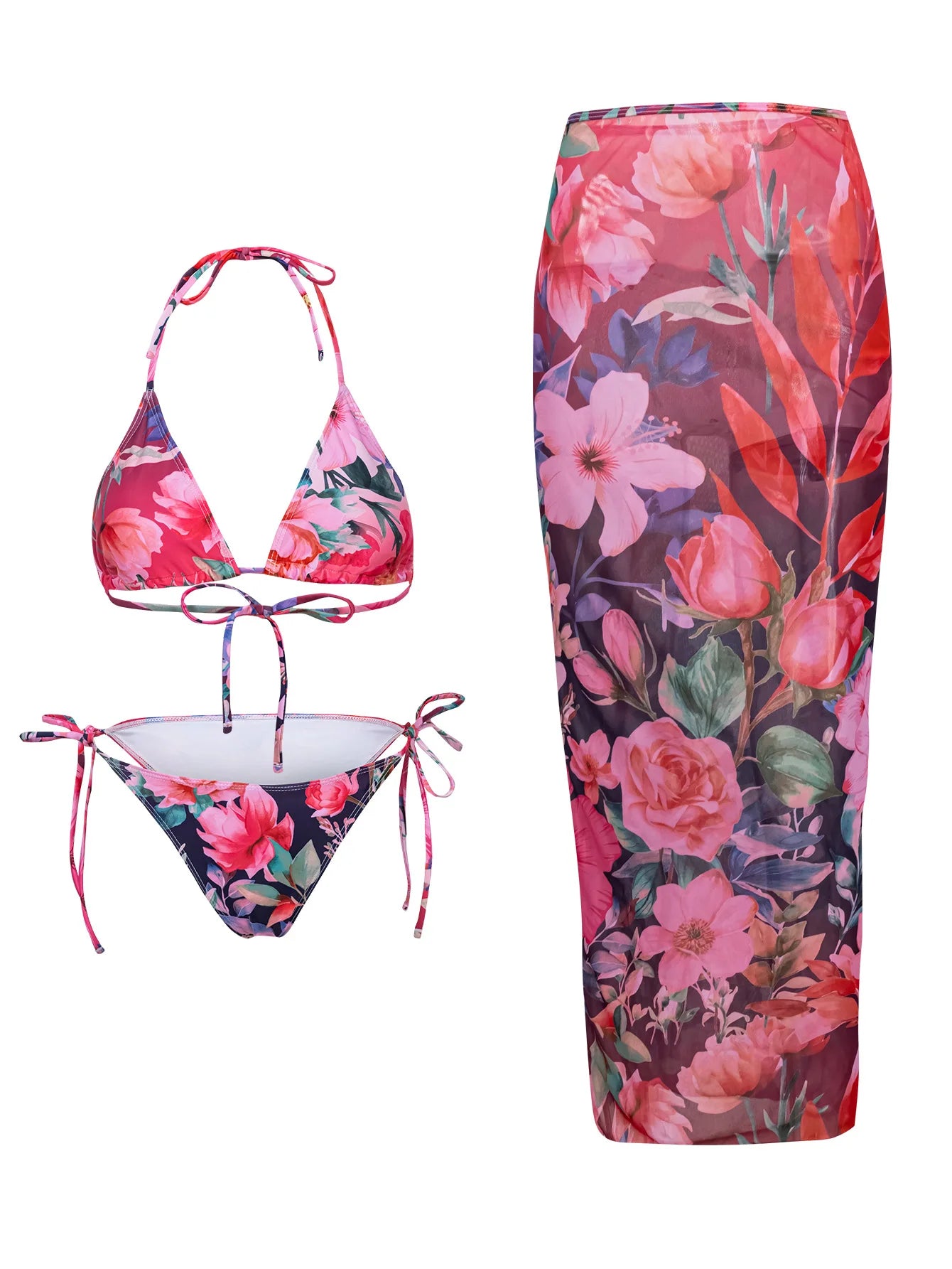 New Flower Print Bikini Set Women's High Waist Long Skirt 3 Piece Swimsuit Sexy Mini Triangle Backless Thong Bathing Suit