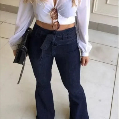 Jeans Women Denim Flare Pant Long Pants Straight Trousers Button Pocket High Waist Slim Fit Splice Casual Regular Autumn 2024