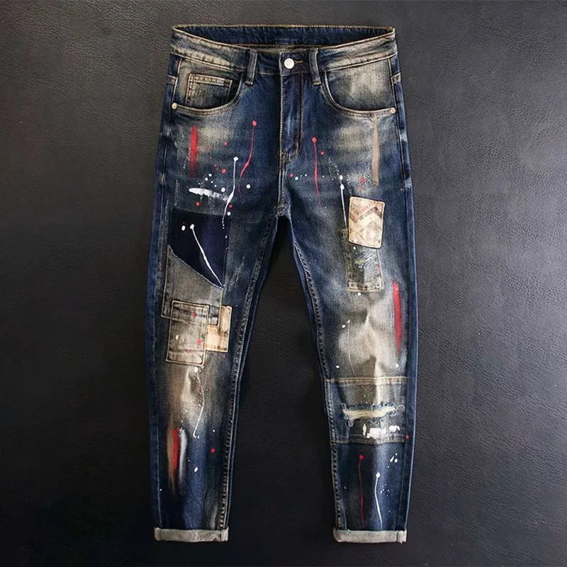 2024 Spring and Autumn New Fashion Trend Printed Straight Leg Stretch Jeans Men's Casual Loose Comfortable High Quality Pants